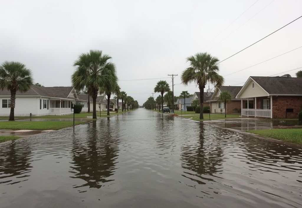 Flooded residential street in a Florida neighborhood after a storm