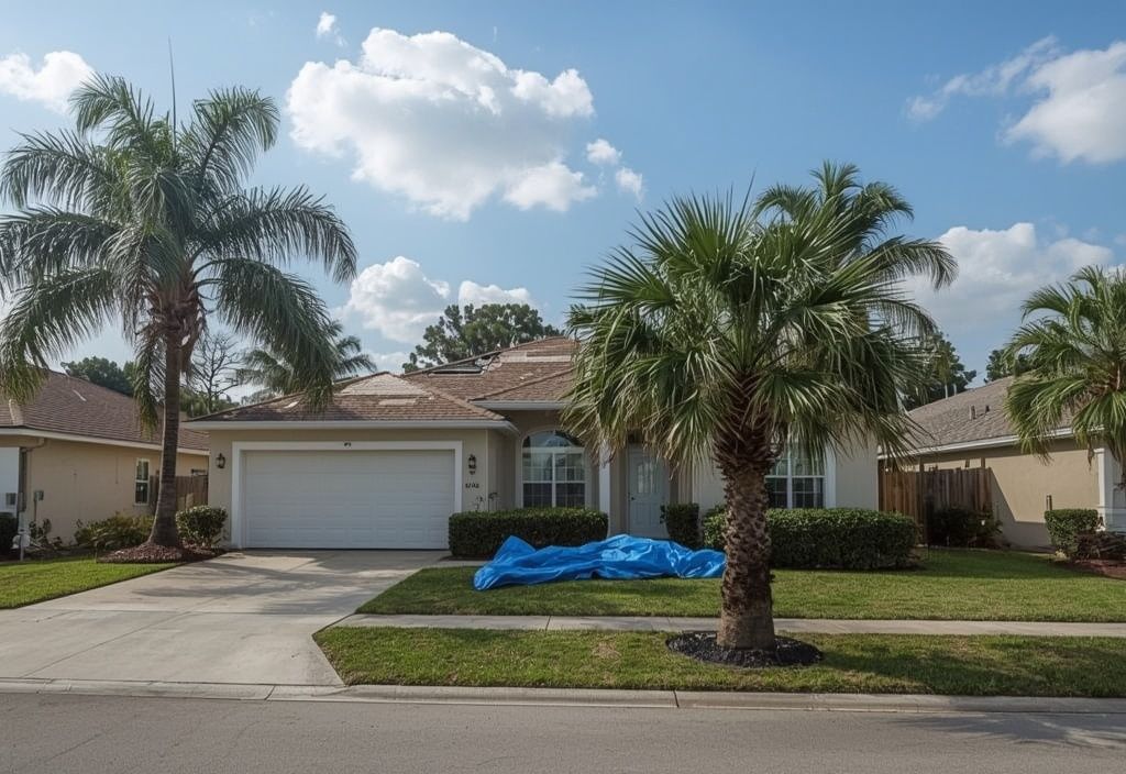 Florida home with hurricane roof damage and an emergency tarp