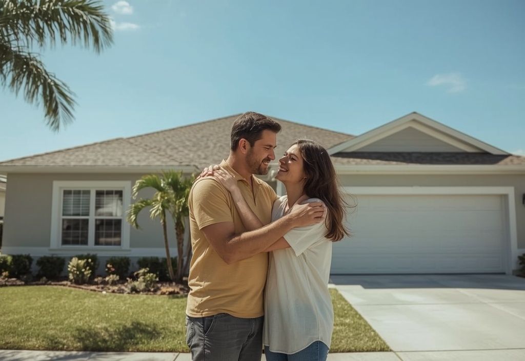 Relieved homeowners outside their restored Florida home after a successful claim
